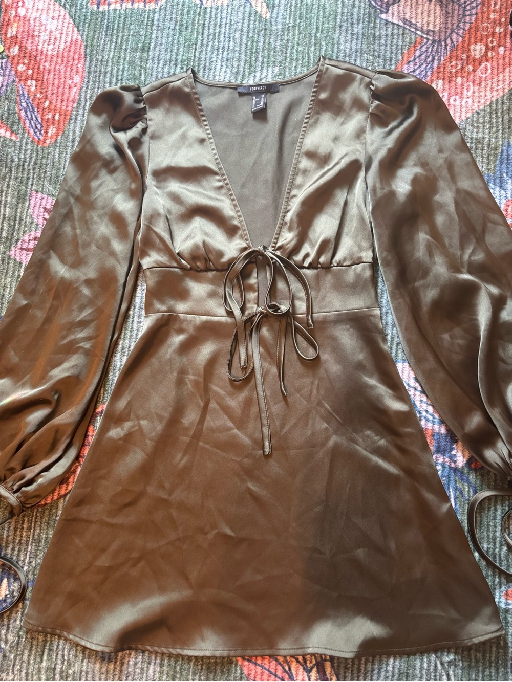 Forever 21 Olive Green Satin Long Sleeve Tie-Front Dress